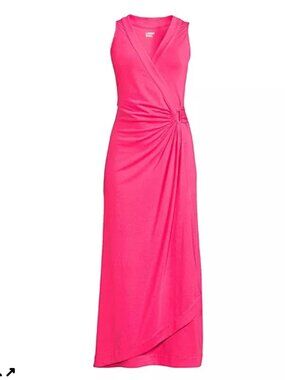 NEW Land's End Cotton Modal Pink Maxi Dress Women's L 14-16 Faux Wrap V-Neck